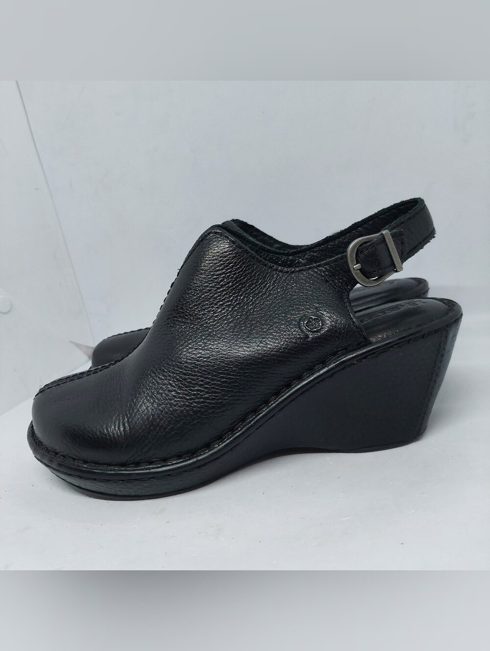 Born Hudson Slingback Clog Black Leather Womens Size 7M Buckle Wedge Sandals